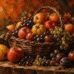 Terracotta Editorial fruit bowl paintings print featuring a rustic basket with apples, quince, grapes, and plums on a farmhouse table for elegant interiors