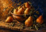 Ochre & Navy pear wall art print featuring heirloom pears in an earthenware bowl on a rustic oak table for elegant interiors