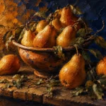 Ochre & Navy pear wall art print featuring heirloom pears in an earthenware bowl on a rustic oak table for elegant interiors