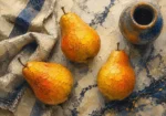 Ochre & Navy pear wall art print featuring three oversized pears on marble with minimalist still-life elegance for sophisticated interiors