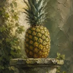 Moss & Sage pineapple wall art print featuring a majestic pineapple on a weathered stone pedestal for elegant botanical interiors