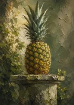 Moss & Sage pineapple wall art print featuring a majestic pineapple on a weathered stone pedestal for elegant botanical interiors
