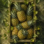 Moss & Sage pineapple wall art print featuring pineapples in an antique wooden crate with lush tropical foliage for elegant interiors
