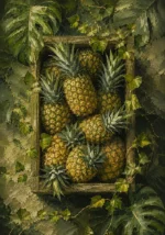 Moss & Sage pineapple wall art print featuring pineapples in an antique wooden crate with lush tropical foliage for elegant interiors