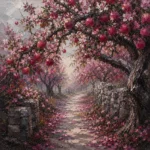 Rose Editorial apple tree artwork print featuring a flowering apple tree above a winding orchard path for elegant countryside interiors