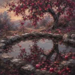 Rose Editorial apple tree artwork print featuring a mature apple tree reflected in a rustic pond for timeless countryside interiors