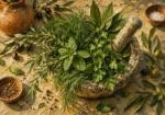 Moss & Sage herb wall art print featuring rosemary, mint, dill, parsley, and bay leaves in an antique stone mortar for elegant botanical interiors