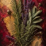Merlot & Antique Gold framed herb prints featuring rosemary, sage, thyme, and lavender in an elegant botanical composition for refined interiors