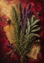 Merlot & Antique Gold framed herb prints featuring rosemary, sage, thyme, and lavender in an elegant botanical composition for refined interiors