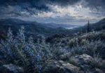 Silver & Cobalt rosemary wall art featuring a wild rosemary meadow across a mountain-inspired landscape for elegant botanical interiors