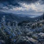 Silver & Cobalt rosemary wall art featuring a wild rosemary meadow across a mountain-inspired landscape for elegant botanical interiors