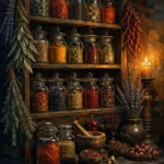Burnt orange and navy herbs and spices wall art featuring an antique cabinet filled with jars and dried botanicals