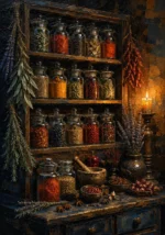 Burnt orange and navy herbs and spices wall art featuring an antique cabinet filled with jars and dried botanicals