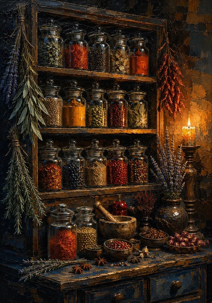 Amber Apothecary Herbs And Spices Wall Art Burnt Orange & Navy Art Print