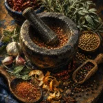 Burnt Orange & Navy herbs and spices wall art featuring a stone mortar with crushed spices, fresh herbs, dried orange peel, and rustic utensils for elegant culinary interiors