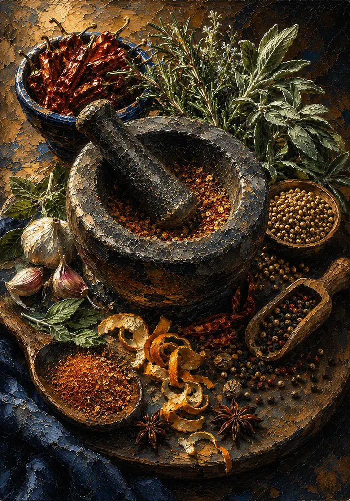 Culinary Ember Herbs And Spices Wall Art Burnt Orange & Navy Art Print
