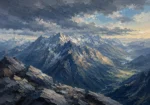 Storm Blue Contrast mountain landscape artwork featuring rugged alpine peaks, misty valleys, and dramatic morning light for elegant interiors