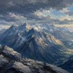Storm Blue Contrast mountain landscape artwork featuring rugged alpine peaks, misty valleys, and dramatic morning light for elegant interiors