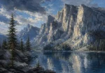 Storm Blue Contrast mountain landscape artwork featuring towering granite cliffs, a reflective alpine lake, and serene mountain scenery for elegant interiors