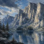 Storm Blue Contrast mountain landscape artwork featuring towering granite cliffs, a reflective alpine lake, and serene mountain scenery for elegant interiors