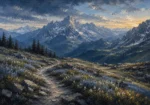 Storm Blue Contrast mountain landscape artwork featuring a winding alpine trail, flowering meadows, and distant mountain peaks for elegant interiors
