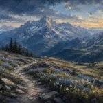 Storm Blue Contrast mountain landscape artwork featuring a winding alpine trail, flowering meadows, and distant mountain peaks for elegant interiors