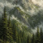 Moss and Sage mountain scenery paintings featuring towering evergreen forests, rugged mountain peaks, and misty alpine landscapes for elegant interiors