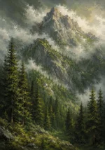 Moss and Sage mountain scenery paintings featuring towering evergreen forests, rugged mountain peaks, and misty alpine landscapes for elegant interiors