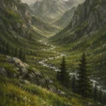 Moss and Sage mountain scenery paintings featuring a secluded alpine valley, winding river, and layered mountain landscape for elegant interiors