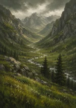Moss and Sage mountain scenery paintings featuring a secluded alpine valley, winding river, and layered mountain landscape for elegant interiors
