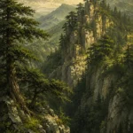 Moss and Sage mountain scenery paintings featuring cedar trees, rugged cliffs, and a dramatic mountain ridgeline for elegant interiors