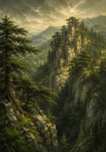 Moss and Sage mountain scenery paintings featuring cedar trees, rugged cliffs, and a dramatic mountain ridgeline for elegant interiors
