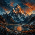 Prussian and Rust mountain landscape wall art print featuring a snow-capped summit, alpine rocks, and dramatic skies for elegant interiors