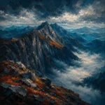 Prussian and Rust mountain landscape wall art print featuring a rugged mountain ridge, misty valley, and layered peaks for elegant interiors