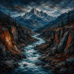 Prussian and Rust mountain landscape wall art print featuring a canyon river, rocky cliffs, and distant mountain peaks for elegant interiors