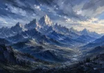 Silver and Cobalt mountain scene wall art print featuring granite peaks, alpine foothills, and dramatic skies for elegant interiors