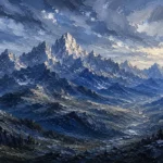 Silver and Cobalt mountain scene wall art print featuring granite peaks, alpine foothills, and dramatic skies for elegant interiors