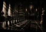Chess Chronicle Row Of Black Pieces Casting Long Shadows Black Living Room Wall Art