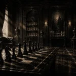 Chess Chronicle Row Of Black Pieces Casting Long Shadows Black Living Room Wall Art