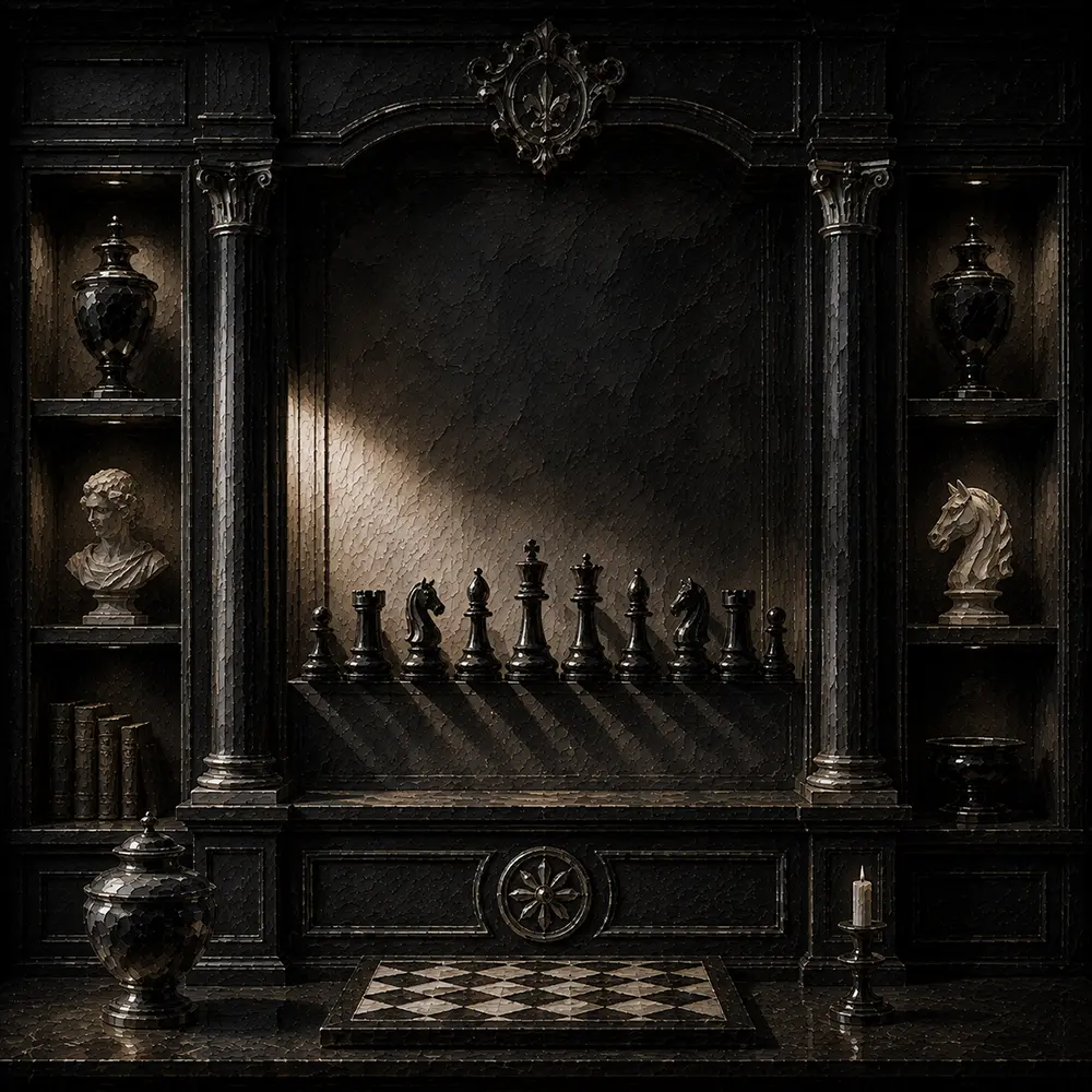 Chess Ritual Row Of Black Pieces Casting Long Shadows Black Living Room Wall Art