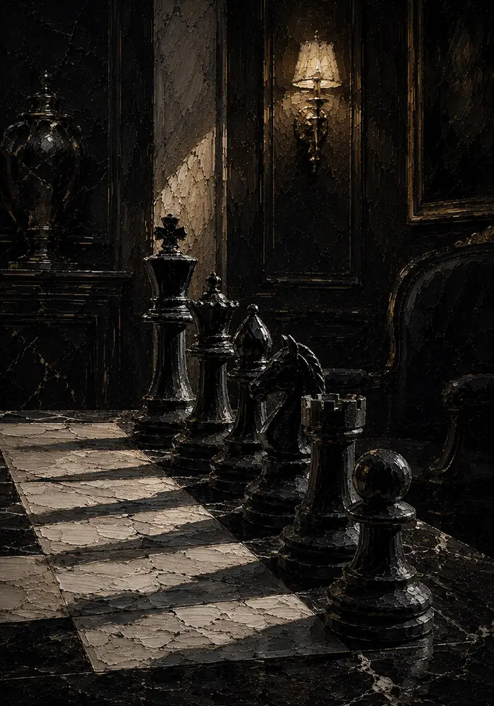Chess Reliquary Row Of Black Pieces Casting Long Shadows Black Living Room Wall Art