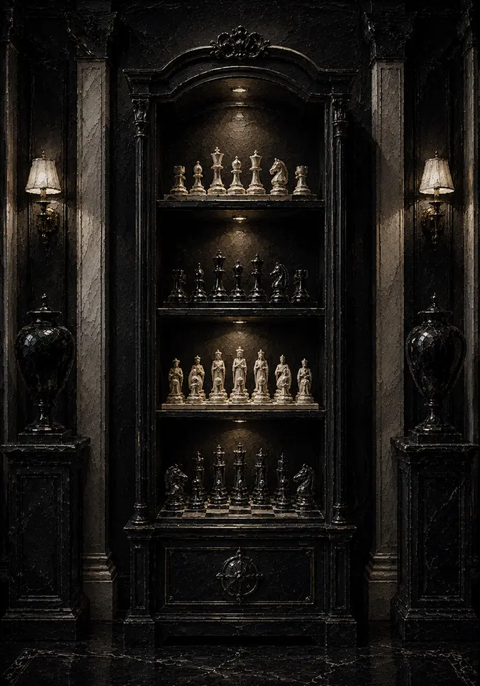 Chess Ascent Cabinet Displaying Carved Chess Sets Black Den Wall Art