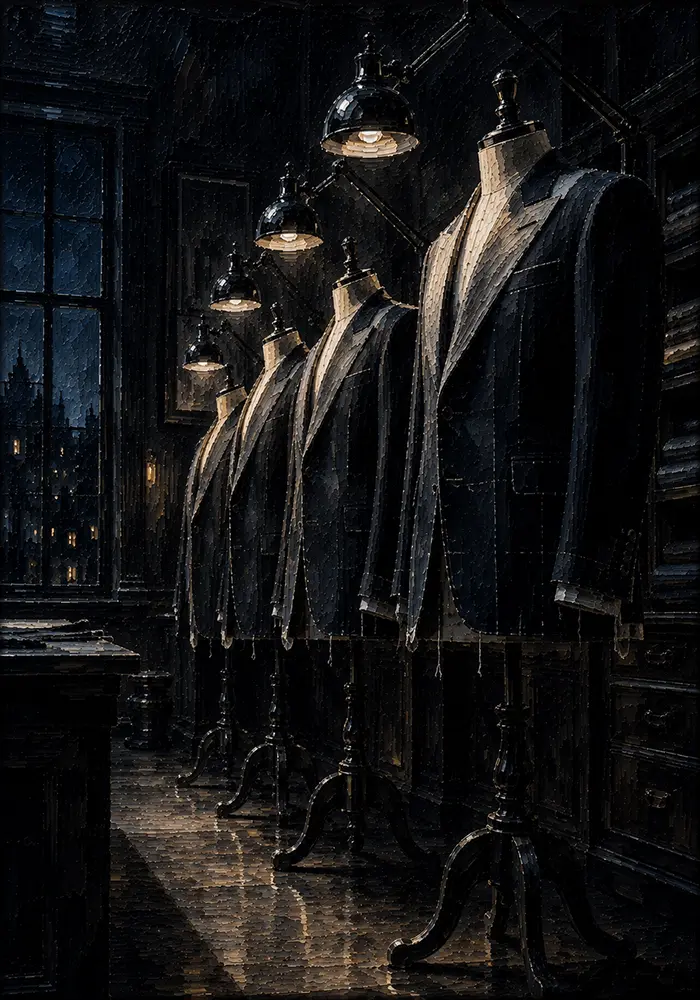 Midnight Tailor Portrait Row Of Unfinished Jackets Black Living Room Wall Art