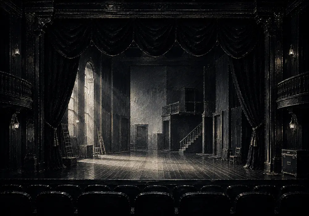 Noir Salon Black Curtain Opening Onto An Empty Black Living Room Wall Art