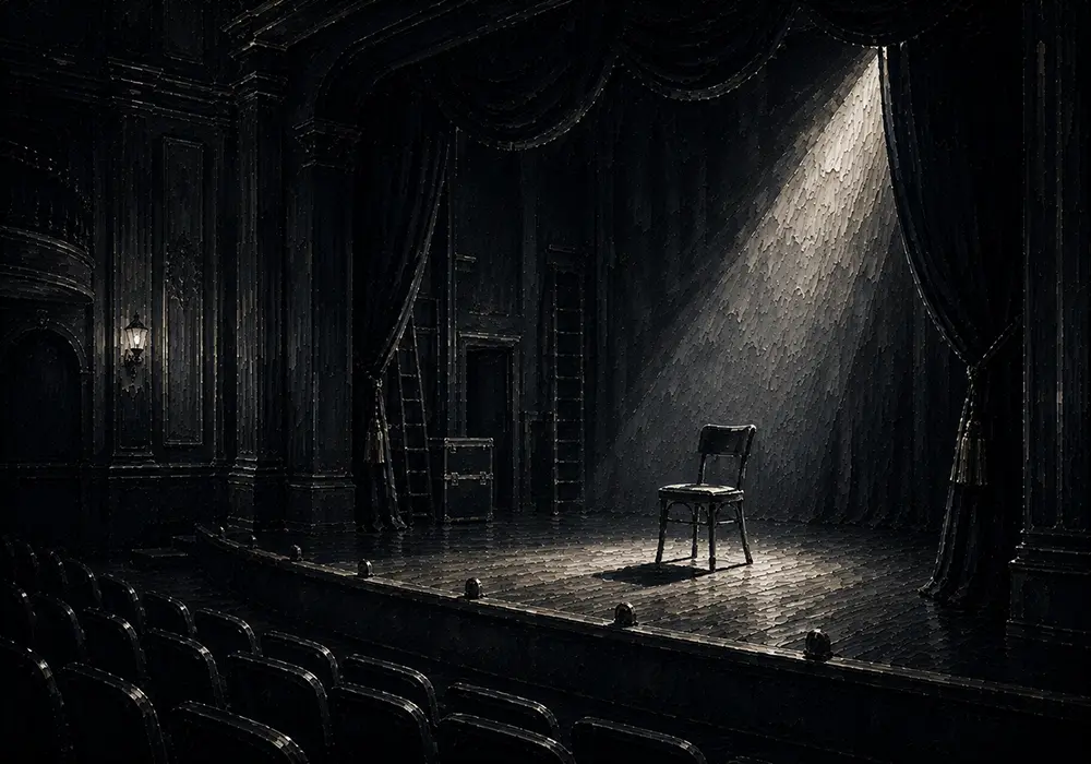 Noir Chronicle Spotlight Falling Across A Single Chair Black Home Theater Wall Art