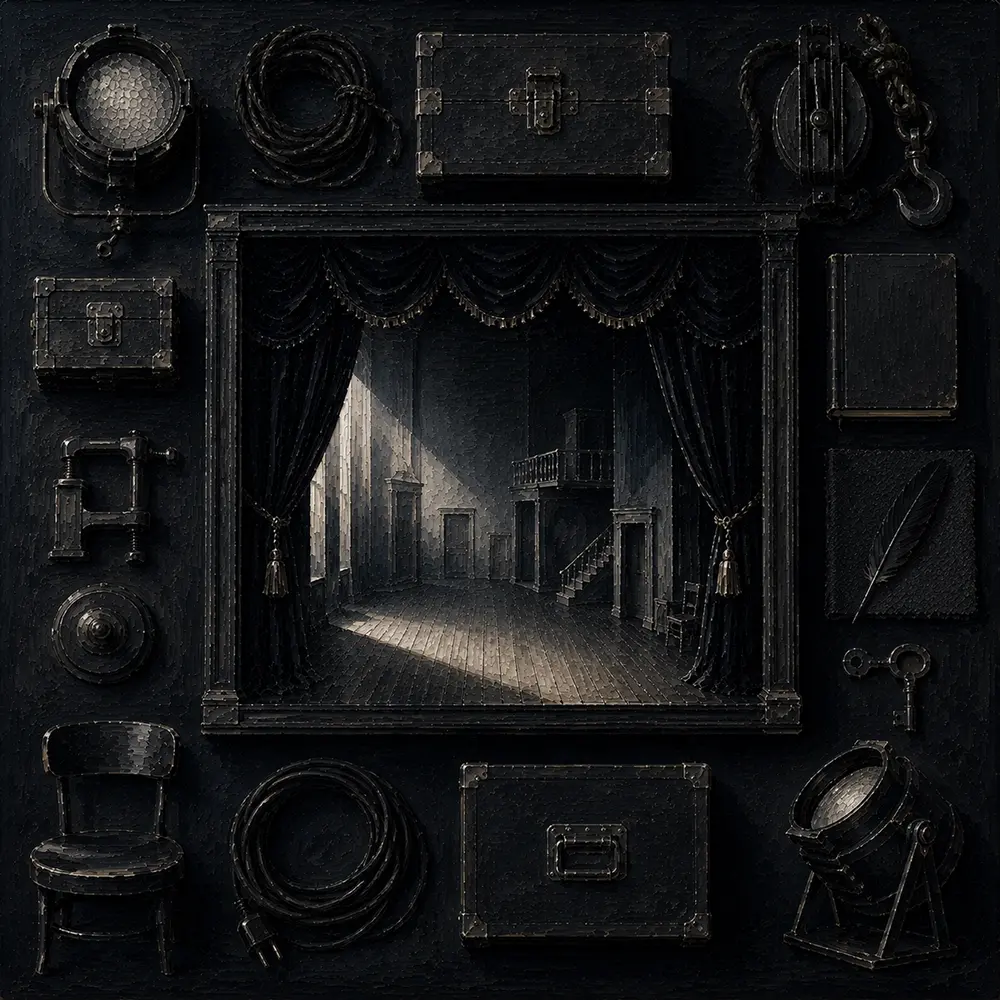 Noir Emblem Black Curtain Opening Onto An Empty Black Living Room Wall Art