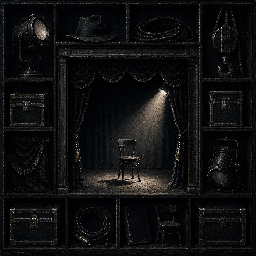 Noir Ritual Spotlight Falling Across A Single Chair Black Home Theater Wall Art