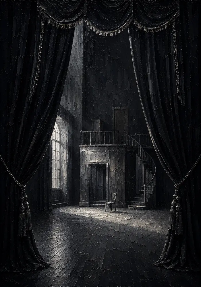 Noir Threshold Black Curtain Opening Onto An Empty Black Living Room Wall Art
