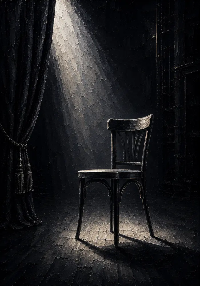 Noir Reliquary Spotlight Falling Across A Single Chair Black Home Theater Wall Art