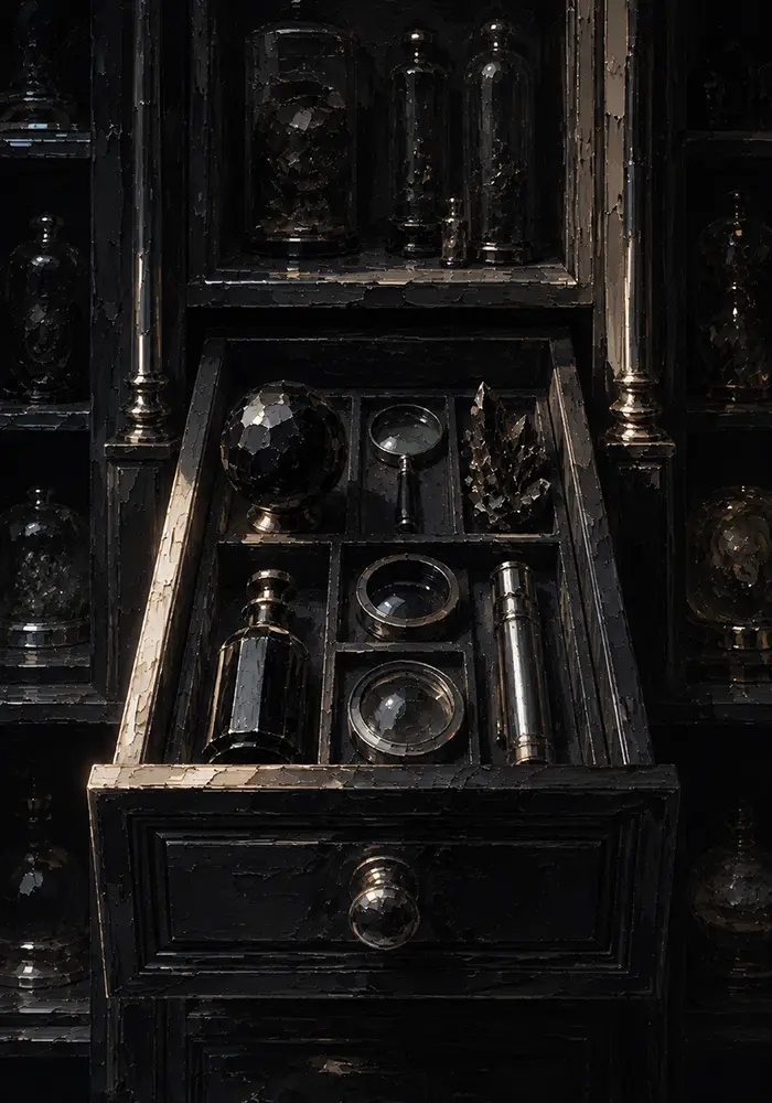 Obsidian Ascent Cabinet Drawer Of Dark Artifacts And Lenses Black Living Room Wall Art